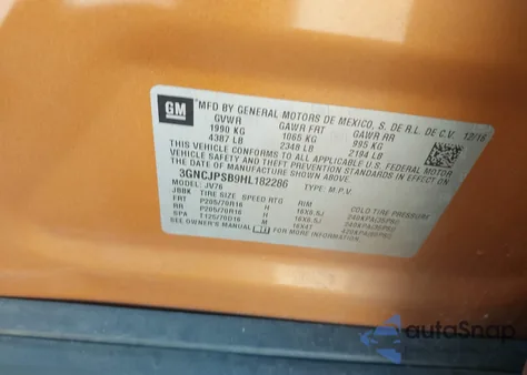 2017 Chevrolet Trax Lt из США, поврежденный, VIN 3GNCJPSB9HL182286